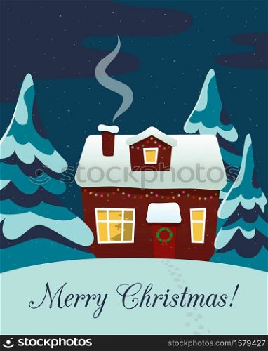 Merry Christmas. Cute postcard. Country house and winter forest in the evening. Vector illustration in flat and cartoon style. Merry Christmas. Cute postcard. Country house and winter forest in the evening