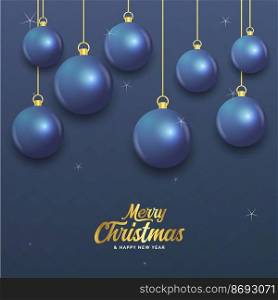 Merry Christmas dark blue banner with balls. Christmas card