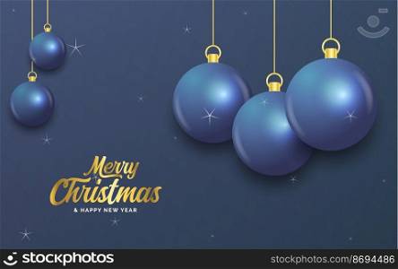 Merry Christmas dark blue banner with balls. Christmas card