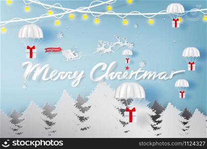 Merry Christmas day background.Parachute gift box fly air in holiday card.Light bulb decoration postcard.Paper cut and craft style.winter snowfall season.Festival party forest vector illustration