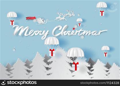 Merry Christmas day background.Parachute gift box fly air in holiday greeting card.Happy new year postcard.Paper cut and craft style.winter snowfall season.Festival party forest vector illustration