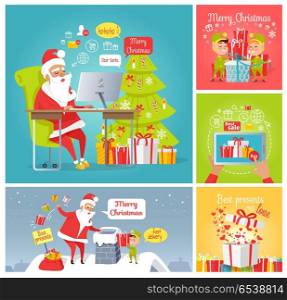 Merry Christmas. Dear Santa Fast Delivery Presents. Merry Christmas. Dear Santa. Fast delivery. Best presents with love. Best sale. Set of greeting cards with Santa, elves, gift boxes. New Year celebration concept. Vector in flat style illustration