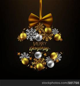 Merry Christmas decorative elements bauble snowflake bow, postcard, invitation, vector illustration