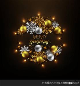 Merry Christmas decorative postcard baubles snowflakes glitter elements and shiny garland wreath, vector illustration