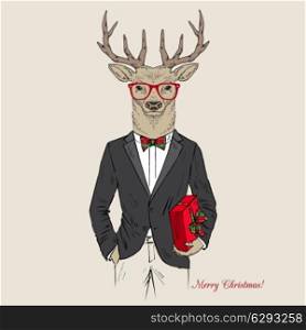 Merry Christmas deer dressed up in tuxedo with a gift