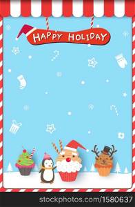 Merry Christmas design with cupcakes and penguin on snowy background.