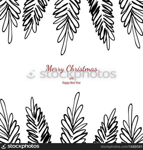 Merry christmas doodle card simple frame gift. Fir tree hand drawn black white vector holiday graphic design.. Merry christmas doodle card simple frame gift