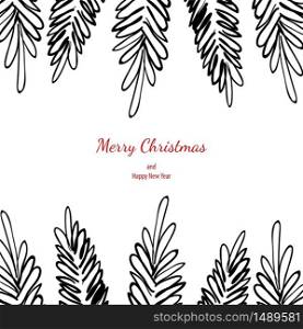 Merry christmas doodle card simple frame gift. Fir tree hand drawn black white vector holiday graphic design.. Merry christmas doodle card simple frame gift