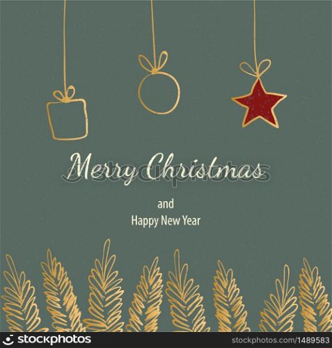 Merry christmas doodle card simple frame gift. Fir tree hand drawn golden color vector holiday graphic retro vintage design. Red star.. Merry christmas doodle card simple frame gift