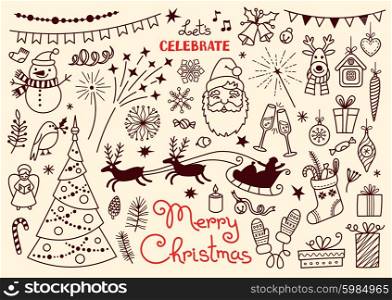 Merry Christmas. Doodle set of characters and decorations. Santa, Reindeer, Christmas tree, Snowman... Freehand vector illustration.