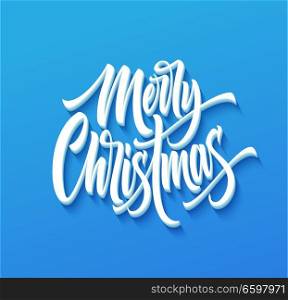 Merry Christmas drop shadow lettering. Xmas cursive calligraphy. Merry Christmas lettering on blue background. Xmas holiday greeting. Banner, poster, postcard design. Isolated vector illustration. Merry Christmas drop shadow lettering