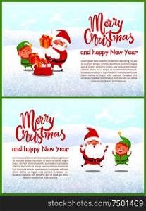 Merry Christmas elf and Santa Claus vector. Winter characters packing sack with presents for good children, helper and elderly man with white beard. Merry Christmas Elf and Santa Claus Characters