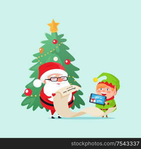 Merry Christmas elf helper with Santa Claus checking list with presents vector. Pine evergreen tree decorated with baubles and star on top garlands. Merry Christmas Elf Helper Santa Claus Checking