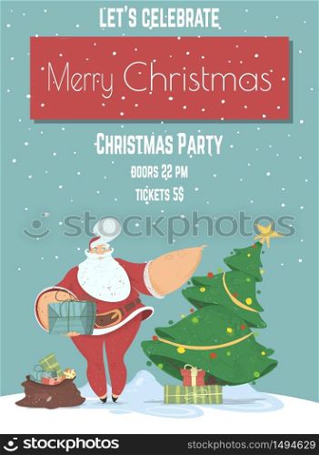 Merry Christmas Eve Evening Party Cartoon Vector Vertical Advertising Flyer, Promo Poster or Invitation Card Design Template. Smiling Santa Claus with Gifts near Decorated Christmas Tree Illustration