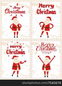 Merry Christmas Father frost greeting everyone with hands up, congratulations and warm wishes vector. Santa Claus cartoon character stickers on grunge. Merry Christmas Father Frost Greeting Everyone
