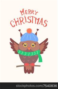 Merry Christmas feathered owl vector isolated on white. Bullfinch sitting on branch in warm winter hat and green scarf, wintertime birds in winter cloth. Merry Christmas Feathered Owl Vector Isolated