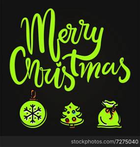 Merry Christmas festive banner on gray background. Vector illustration with green decorated xmas tree, glass ball and Santa&rsquo;s bag full of presents. Merry Christmas Festive Banner Vector Illustration