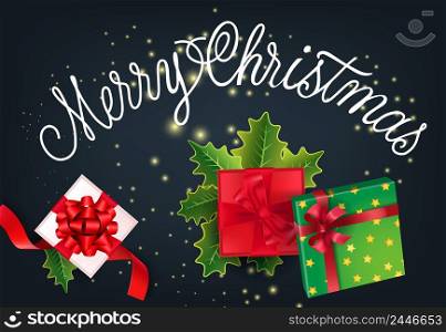 Merry Christmas festive card design. Gifts and mistletoe leaves on sparkling black background. Template can be used for banners, flyers, posters
