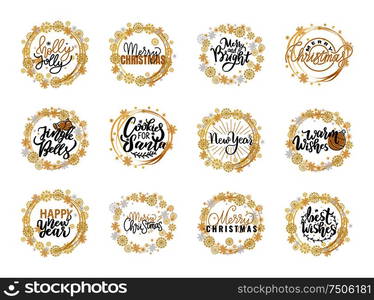 Merry Christmas festive greetings, calligraphic winter season wishes. Holly Jolly quote, New Year, Happy Holidays and warm wishes, cookies for Santa lettering on white background. Merry Christmas Fest Greetings, Calligraphic Print