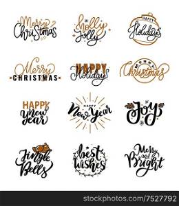 Merry Christmas festive greetings, calligraphic winter season wishes. Holly Jolly quote, New Year, Happy Holidays and warm wishes, cookies for Santa lettering on white background. Merry Christmas Fest Greetings, Calligraphic Print