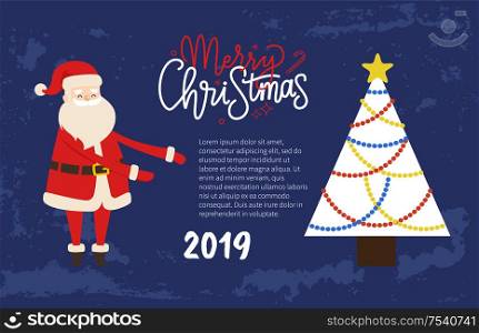 Merry Christmas Festive Picture Postcard of Santa. Vector Father Frost and Xmas Tree topper star with colorful fairy lights and bauble. Place for text. Merry Christmas Festive Picture Postcard of Santa