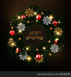 Merry Christmas fir tree branches decorative wreath with shiny baubles, vector illustration