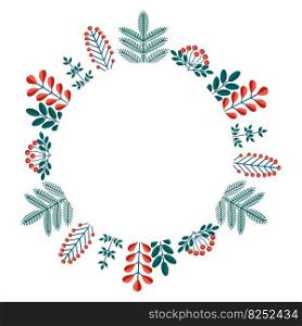Merry Christmas floral round frame with winter plants frame - wreath in flat style. Illustrations with botanical symbols of holiday - pine, leaves, cone, berry in red, green colors. Merry Christmas floral round frame with winter plants frame - wreath in flat style. Illustrations with botanical symbols of holiday - pine, leaves, cone, berry in red, green colors.