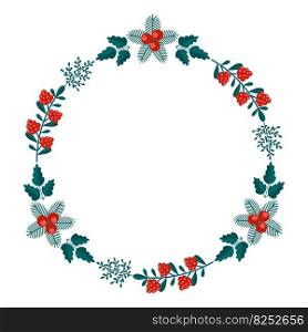 Merry Christmas floral round frame with winter plants frame - wreath in flat style. Illustrations with botanical symbols of holiday - pine, leaves, cone, berry in red, green colors. Merry Christmas floral round frame with winter plants frame - wreath in flat style. Illustrations with botanical symbols of holiday - pine, leaves, cone, berry in red, green colors.