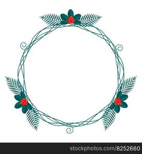 Merry Christmas floral round frame with winter plants frame - wreath in flat style. Illustrations with botanical symbols of holiday - pine, leaves, cone, berry in red, green colors. Floral round frame with winter plants frame - wreath in flat style. Illustrations with botanical symbols of holiday - pine, leaves, cone, berry in red, green colors.