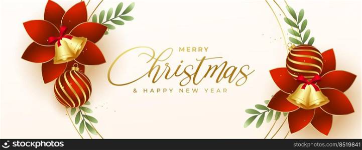 merry christmas flower and balls realistic banner design