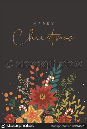 Merry Christmas flyer card with floral foliage decorations