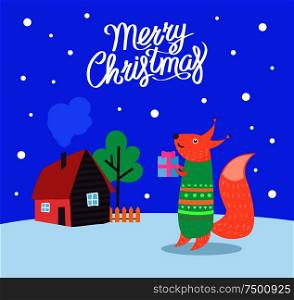 Merry Christmas fox with present poster with greeting celebration text vector. Animal wearing sweater walking by home of people. Winter season holiday. Merry Christmas Fox with Present Poster Vector