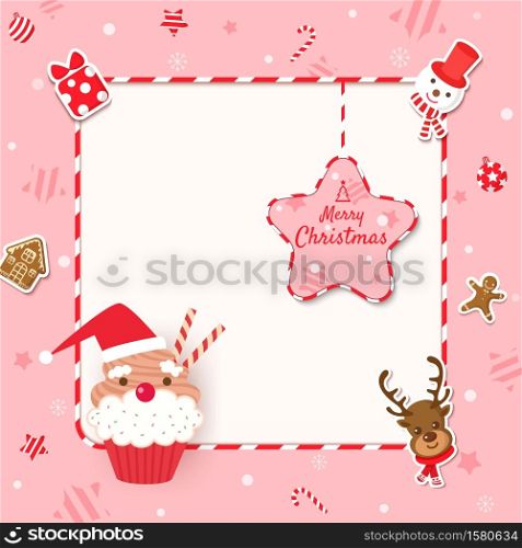 Merry Christmas frame with cupcake and cookies design to ornaments on pink background.