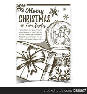 Merry Christmas Gift Box Advertise Banner Vector. Opened Gift Box Decorated Ribbon Bow And Souvenir Snowball With Snowman. Luxury Package Template Hand Drawn In Vintage Style Monochrome Illustration. Merry Christmas Gift Box Advertise Banner Vector