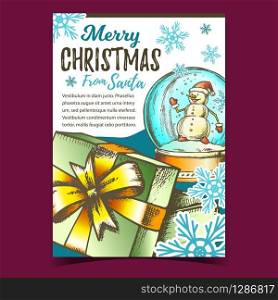 Merry Christmas Gift Box Advertise Banner Vector. Opened Gift Box Decorated Ribbon Bow And Souvenir Snowball With Snowman. Luxury Package Template Hand Drawn In Vintage Style Color Illustration. Merry Christmas Gift Box Advertise Banner Vector