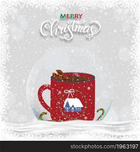 Merry Christmas gift snow globe with big mug of hot Chocolate with cinnamon inside on snow in grey background,Winter wonderland scenery with Glass snow ball 3d design with bokeh for New year 2022