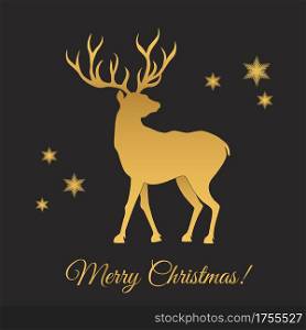 Merry Christmas gold deer silhouette. Vector illustration for Xmas greeting card or holiday party invitation.