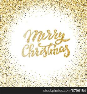 Merry Christmas gold glitter lettering with frame from golden dots. Design element for greeting card, calendar, poster. Vector illustration.