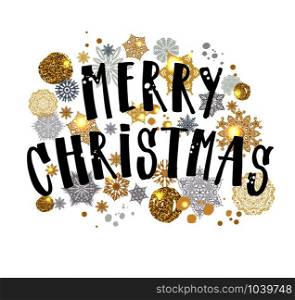 Merry Christmas gold glittering lettering design. Vector illustration on white background.. Merry Christmas gold glittering lettering design. Vector illustration on white.