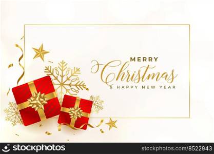 merry christmas golden and white card with red gift boxes