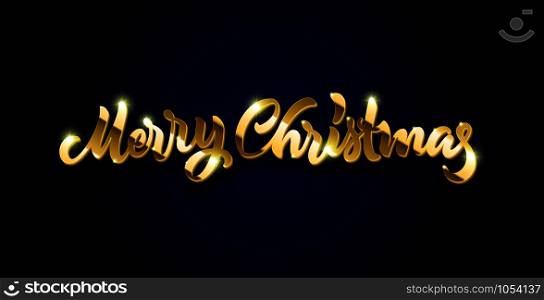 Merry Christmas golden calligraphic hand drawn lettering with volume and shadow for New Year Eve. May be used in winter holidays Christmas party invitations, posters and Xmas greeting cards.