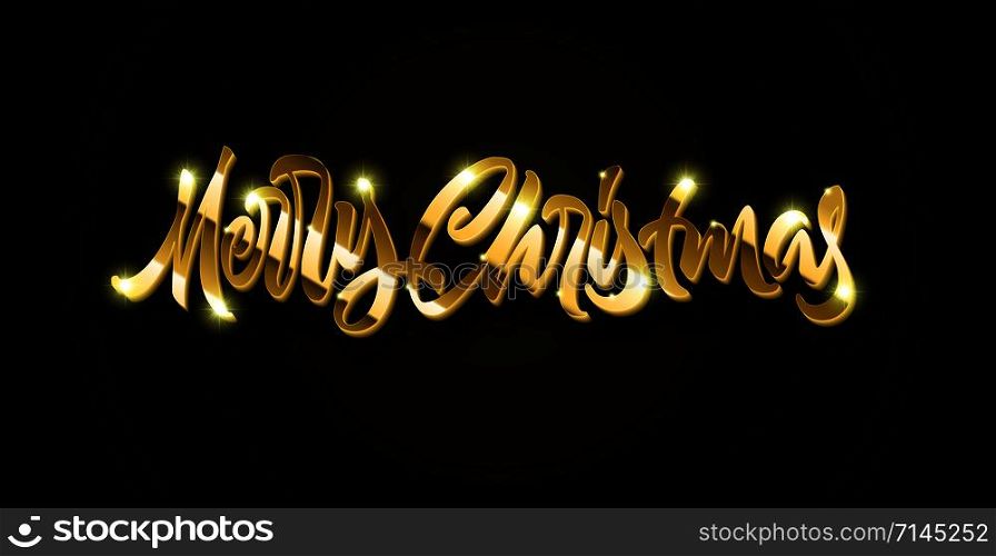 Merry Christmas golden calligraphic hand drawn lettering with volume and shadow for New Year Eve. May be used in winter holidays Christmas party invitations, posters and Xmas greeting cards.