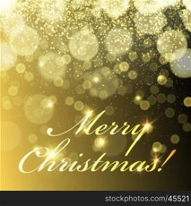Merry Christmas! Golden Lights Background and snowfall. Vector template. Easy to use in design projects for holiday, as is postcard, invitations, covers, posters, banners, wallpapers...