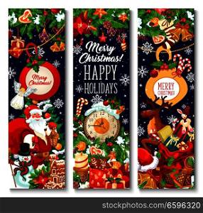 Merry Christmas greeting banners design of Xmas tree wreath, Santa gifts bag on sleigh and New Year clock. Vector snowflake on Christmas tree, New Year gingerbread cookie and golden bell or star ornament. Merry Christmas holiday vector greeting banners