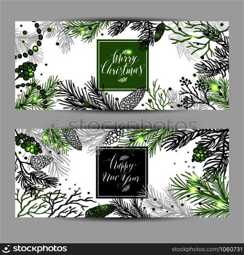 Merry Christmas greeting banners with new years tree and calligraphic sigh Happy New Year and Merry Christmas. Vector Holiday illustration.. Merry Christmas greeting banners with new years tree and calligraphic sigh Happy New Year and Merry Christmas.
