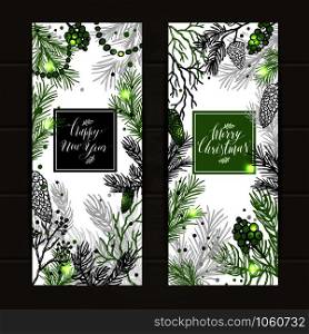 Merry Christmas greeting banners with new years tree and calligraphic sigh Happy New Year and Merry Christmas. Vector Holiday illustration.. Merry Christmas greeting banners with new years tree and calligraphic sigh Happy New Year and Merry Christmas.