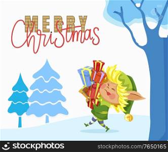Merry christmas, greeting caption. Elf carrying boxes in hands across forest. Fairy character in green traditional costume. Packages with gifts inside. Vector illustration of wood in flat style. Merry Christmas Caption, Elf Carry Boxes with Gift