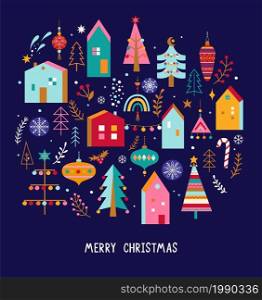 Merry Christmas greeting card 2022. Bright banner with hand drawn christmas elements - houses, christmas balls, christmas trees with toys. Xmas decor elements. Template for design,print.Vector. Merry Christmas greeting card 2022.