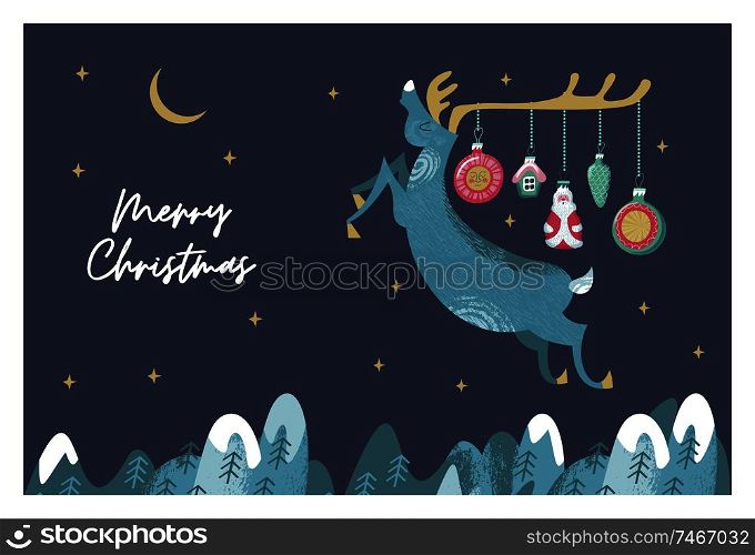 Merry Christmas!. Greeting card. Beautiful deer flying over the forest. Deer horns are decorated with Christmas decorations. Vector hand drawn textured unique illustration.. Festive Christmas and new year greeting card. merry Christmas.