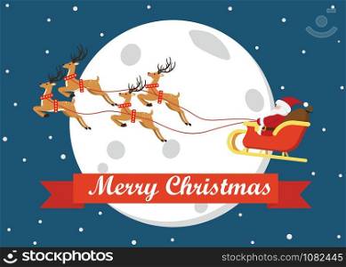 Merry christmas greeting card decoration with cute cartoon Santa Claus flying on a sleigh with reindeers - Vector illustration